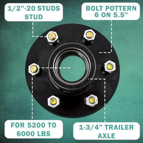 Trailer hub with 6-bolt 5.5 in pattern, black steel, bearing visible, 1/2-20 spindle, for 6000 lb axles