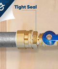 Brass NPT bushing 1-1/2 in male x 1 in female with hex head connected to a blue valve on a metal pipe