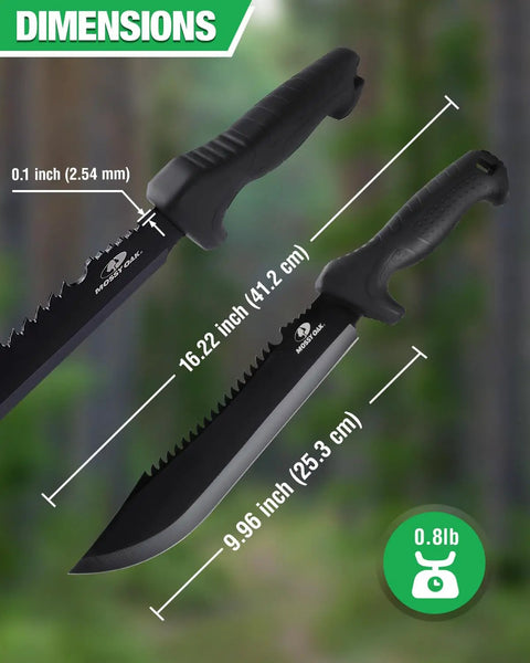 16 Inch Heavy Duty Machete With Saw And Sheath For Camping, Hunting, And Jungle Clearing, showing blade dimensions and weight