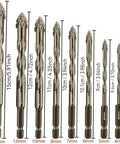 Eight-piece golden hardened alloy drill bits, front view; 4-flute cores for concrete/brick/tile drilling, sizes 14–4 mm.