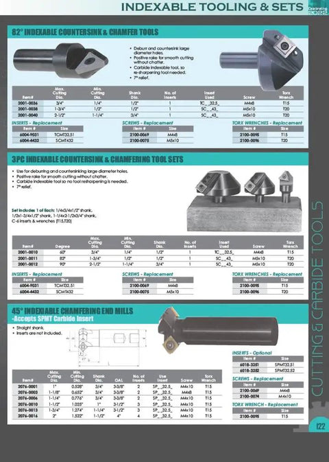 Indexable tooling catalog page showing various countersink and chamfer tools, with specifications and replacement parts.