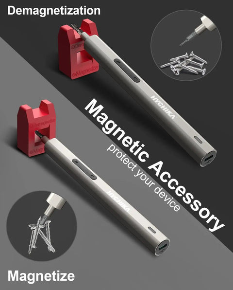 Image of Mini Electric Precision Screwdriver Set 67-In-1 with 52 magnetic bits, showing demagnetization and magnetization features.