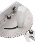 Heavy Duty Universal Miter Gauge For Table Saw And Router Table With 27 Dead On Precise Stops And 120 Degree Slick Cutting Range close-up of stainless steel angle adjustment and ergonomic handle.