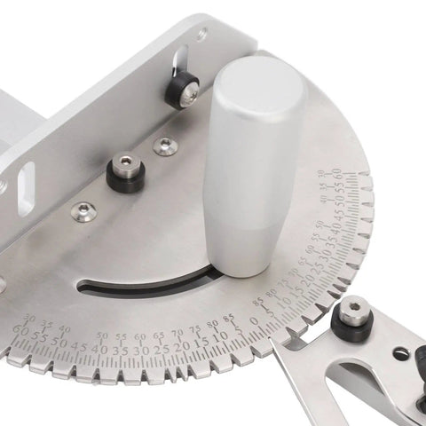 Heavy Duty Universal Miter Gauge For Table Saw And Router Table With 27 Dead On Precise Stops And 120 Degree Slick Cutting Range close-up of stainless steel angle adjustment and ergonomic handle.