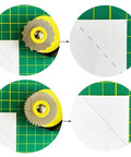 45mm Rotary Cutter Kit With 9 Replacement Blades For Sewing Fabric Leather Quilting And Paper Cuts All-In-One System With Straight Pinking And Skip Blades For Precise No-Fuss Easy-Change Cutting Built To Last displayed with various blades cutting paper