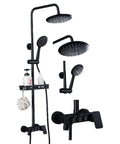 CUTPOIY Black Button Model Constant Temperature 3 Gears Shower Faucet Set Exposed Shower Systems with Rain Shower and Handheld view showing dual showerheads and storage shelf.
