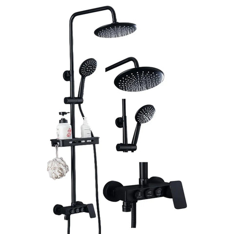 CUTPOIY Black Button Model Constant Temperature 3 Gears Shower Faucet Set Exposed Shower Systems with Rain Shower and Handheld view showing dual showerheads and storage shelf.