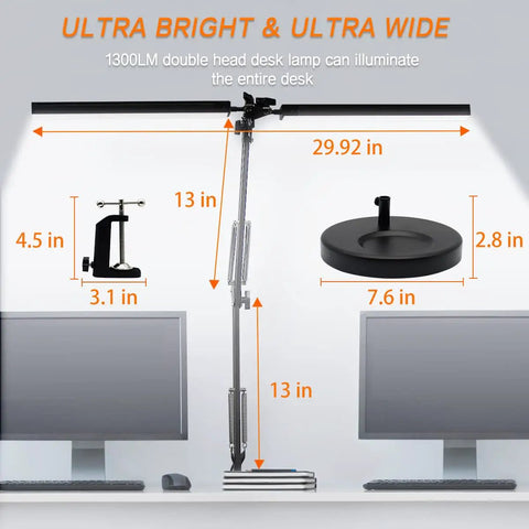 Ultra Bright LED Desk Lamp With Dual Heads, 3 Color Modes, 10 Brightness Levels, shown mounted with clamp and base on desk