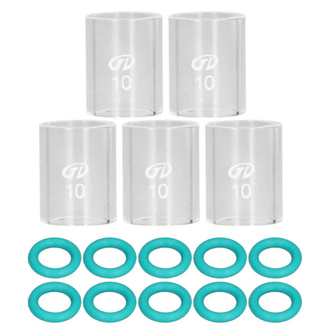 Tig Welding Glass Cup Kit, 5-Piece Set With 10 O-Rings, clear glass cups and green O-rings, compatible with WP argon arc torches.