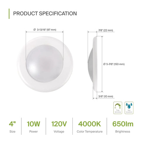 Product specifications of 12 Pack 4 Inch LED Disk Lights 10W 4000K Cool White 650LM CRI90 Plus Dimmable Flush Mount Low Profile Ceiling Fixture