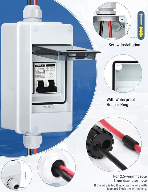 Rugged Solar Panel Disconnect Switch With IP65 DIN Box 30 Amp Dual Pole Isolator installed showing screw and rubber ring detail.
