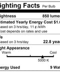 Lighting facts label for A19 LED Bulb 9W Equivalent 60W Daylight 5000K 850 Lumen E26 Base 120V Dimmable Energy Saving Light Bulb