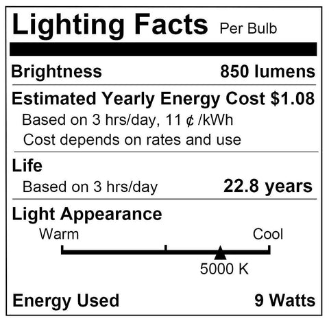 Lighting facts label for A19 LED Bulb 9W Equivalent 60W Daylight 5000K 850 Lumen E26 Base 120V Dimmable Energy Saving Light Bulb