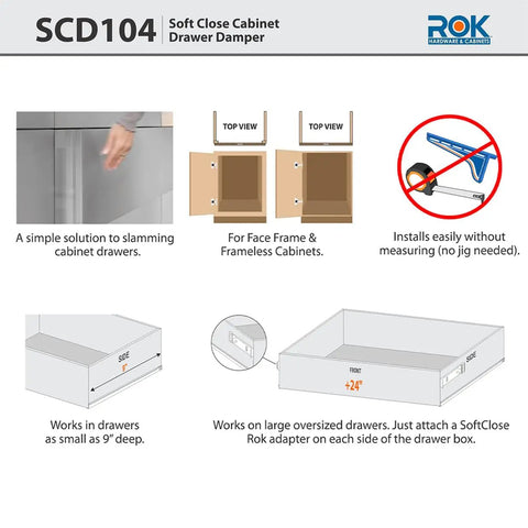 Diagram showing installation of 2 Pack Soft Close Drawer Dampers For Wood Drawers, Drawer Adapter Add On Retrofit White Finish, Fits Face Frame And Frameless Cabinets, Easy DIY Install, SCD104W.