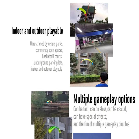Collage of Ultra Lightweight 2.4G RC Paraglider Stunt Toy Ready To Fly RTF Version in various outdoor settings performing tricks.