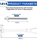 Diagram showing dimensions of Rock Solid Heavy Duty Drywall Toggle Bolt Anchor Kit One Quarter Inch By Twenty For TV Mounts And Cabinets