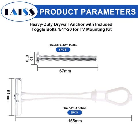 Diagram showing dimensions of Rock Solid Heavy Duty Drywall Toggle Bolt Anchor Kit One Quarter Inch By Twenty For TV Mounts And Cabinets