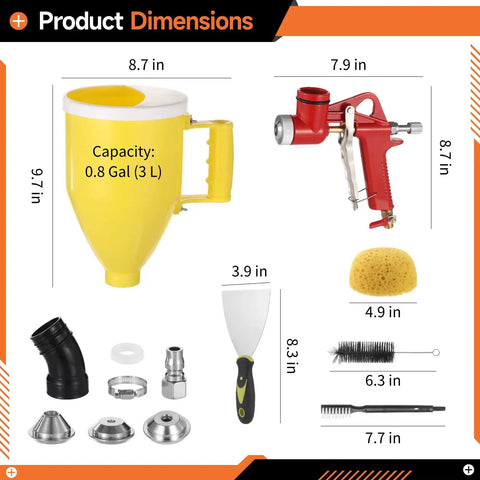 Top Shelf Pneumatic Texture Sprayer Hopper Gun With 0.8 Gallon Hopper Tank And Three Rugged Swappable Nozzles mounted on yellow hopper and red sprayer components.