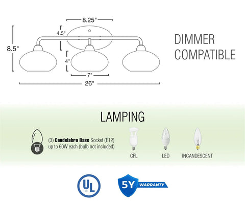 26 Inch Modern Three Light Vanity Light With Hammered Glass Shades In Brushed Nickel Finish Ultra Slick Bathroom Fixture diagram