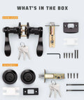 Image showing parts of Two Pack Keyed Entry Door Lever Handle With Lock And Key Exterior Door Lock Set Double Keyed Deadbolt Matte Black Finish