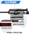 20 Inch Mountain Bike Front Suspension Air Fork With 120 To 140 Millimeter Travel 100 Millimeter Hub Spacing One And One Eighth Inch Straight Steerer Manual Lockout Quick Release Fits Up To Two And A Half Inch Tires Black on electronic scale showing 1505 grams.