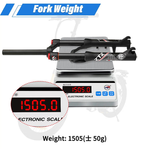 20 Inch Mountain Bike Front Suspension Air Fork With 120 To 140 Millimeter Travel 100 Millimeter Hub Spacing One And One Eighth Inch Straight Steerer Manual Lockout Quick Release Fits Up To Two And A Half Inch Tires Black on electronic scale showing 1505 grams.