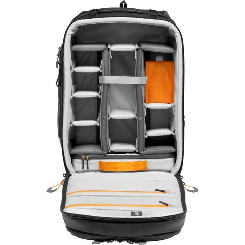 Interior view of Pro Trekker BP 350 AW II Outdoor Camera Backpack With MaxFit Dividers in black and dark gray, compartments shown.