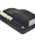 DC motor controller module, black plastic housing with white multi-pin connectors, side-angle view