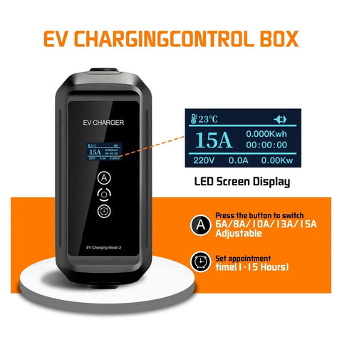 Portable Type Two Electric Vehicle Charging Cable With Adjustable Six To Fifteen Amp Draw And Three Point Three Kilowatt Fast Road Trip Home Power Line Plug Play And Cruise Smooth Weekend Getaways control box with LED screen showing 15A setting.