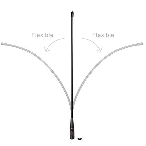 Dual Band VHF UHF Ham Radio Antenna For BaoFeng Wouxun Walkie Talkies Flexible 39cm Whip SMA Female Omni Directional 3dBi Gain Fits UV-5R UV-82 BF-F8HP BF-F8 UV-888S And More, shown flexing in two directions