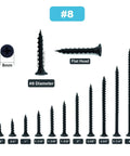 Built Like A Tank Number 8 X 1-1/4 Inch Black Phosphate Coated Stainless Steel Truss Head Wood Screws 100 Pack sizes and types displayed