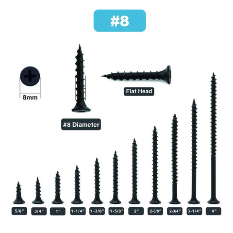 Built Like A Tank Number 8 X 1-1/4 Inch Black Phosphate Coated Stainless Steel Truss Head Wood Screws 100 Pack sizes and types displayed