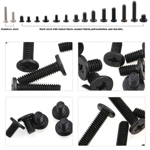 Close-up of black laptop screws showing various sizes in Slick Pro Level 880 Piece Laptop Screw Replacement Kit With Extra Phillips Driver.