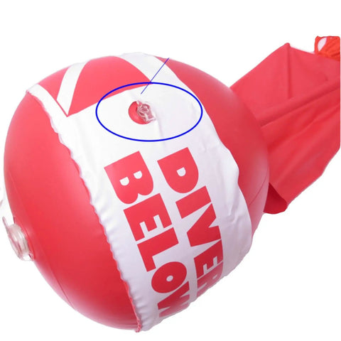Red Dive Flag Inflatable Surface Marker Buoy For Scuba Diving Spearfishing And Boating with durable PVC, close-up view.