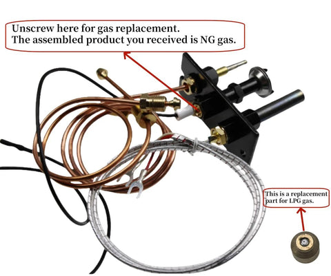 Pilot assembly for NG/LPG fireplaces with copper tubing and 750mV thermopile (front view)