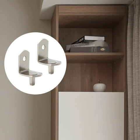 Heavy Duty 3/16 Inch Shelf Pins For Cabinets, Right Angle Metal Pegs in silver holding an adjustable shelf securely.