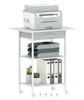 Built Tough 3 Tier Printer Stand With Fabric Drawer Rolling Storage Cart For Heat Press Scanner Fax Clean Mobile Desktop Organizer Office Setup White with printer and storage bins.