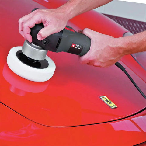 Powerful 4.5 Amp 6 Inch Orbital Sander And Polisher With Variable Speed 2,500 To 6,800 OPM in use on a red car surface