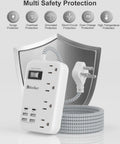 6 USB Travel Power Strip Surge Protector 4 AC Outlets 5 Ft Extension Cord Fast Charging Hub showing safety features and cable design.