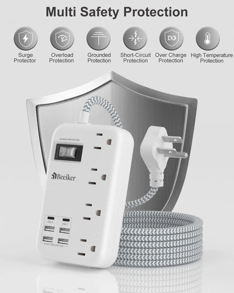 6 USB Travel Power Strip Surge Protector 4 AC Outlets 5 Ft Extension Cord Fast Charging Hub showing safety features and cable design.