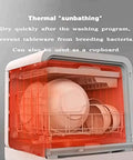 Fully Automatic Countertop Dishwasher With 5L Built In Water Tank And Inlet Hose featuring drying function and dishes inside.