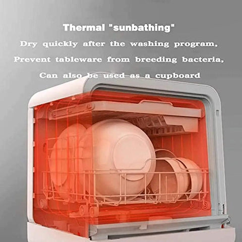 Fully Automatic Countertop Dishwasher With 5L Built In Water Tank And Inlet Hose featuring drying function and dishes inside.