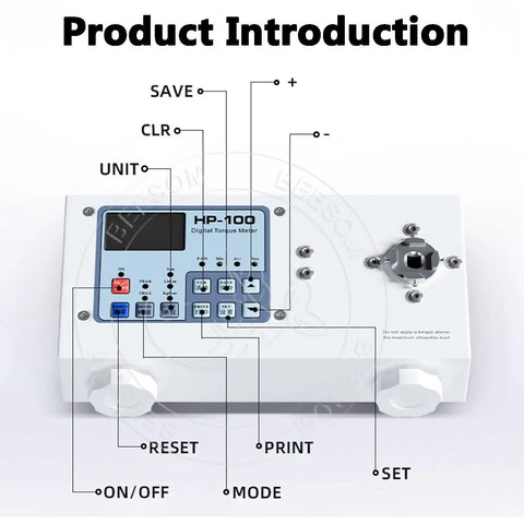 Product Introduction of Digital Torque Meter Tester for Precision Bottle Cap Torque, Adjustable 10 to 160 mm Diameter, Three Unit Modes, Peak and Trajectory Readouts, High Accuracy Torque Measurement Tool HP100, front view