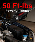 3/8 Inch Professional Air Ratchet Wrench Kit with 1/2 Inch Drive Adapter used on car engine, showing 50 Ft-Lbs torque