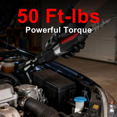 3/8 Inch Professional Air Ratchet Wrench Kit with 1/2 Inch Drive Adapter used on car engine, showing 50 Ft-Lbs torque