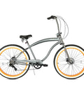 Side view of Fat Tire Cruiser Bike With 7 Speed Shimano, Iconic Stretch Chopper Frame, Beach Cruiser Style in greyish orange finish.