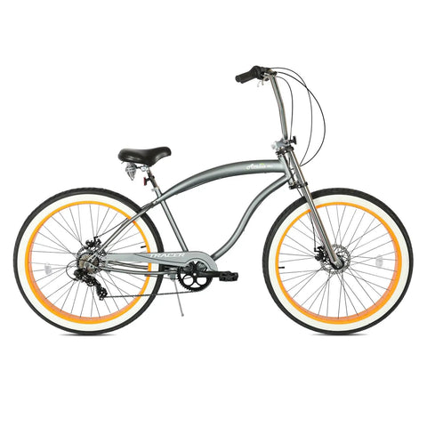 Side view of Fat Tire Cruiser Bike With 7 Speed Shimano, Iconic Stretch Chopper Frame, Beach Cruiser Style in greyish orange finish.
