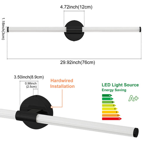 Dimensions and energy rating of Lit 360 Degree Dimmable LED Bathroom Vanity Light Bar Over Mirror Matte Black 30 Inch.