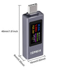 USB C Power Meter Tester 4-30V 0-12A Type-C PD Digital Multimeter Voltage And Current Meter device with dimensions shown
