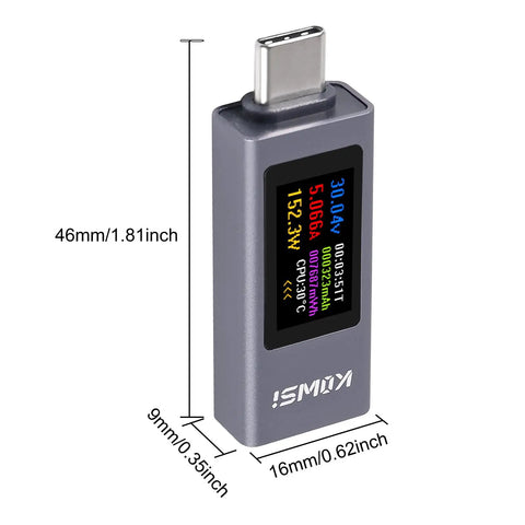 USB C Power Meter Tester 4-30V 0-12A Type-C PD Digital Multimeter Voltage And Current Meter device with dimensions shown